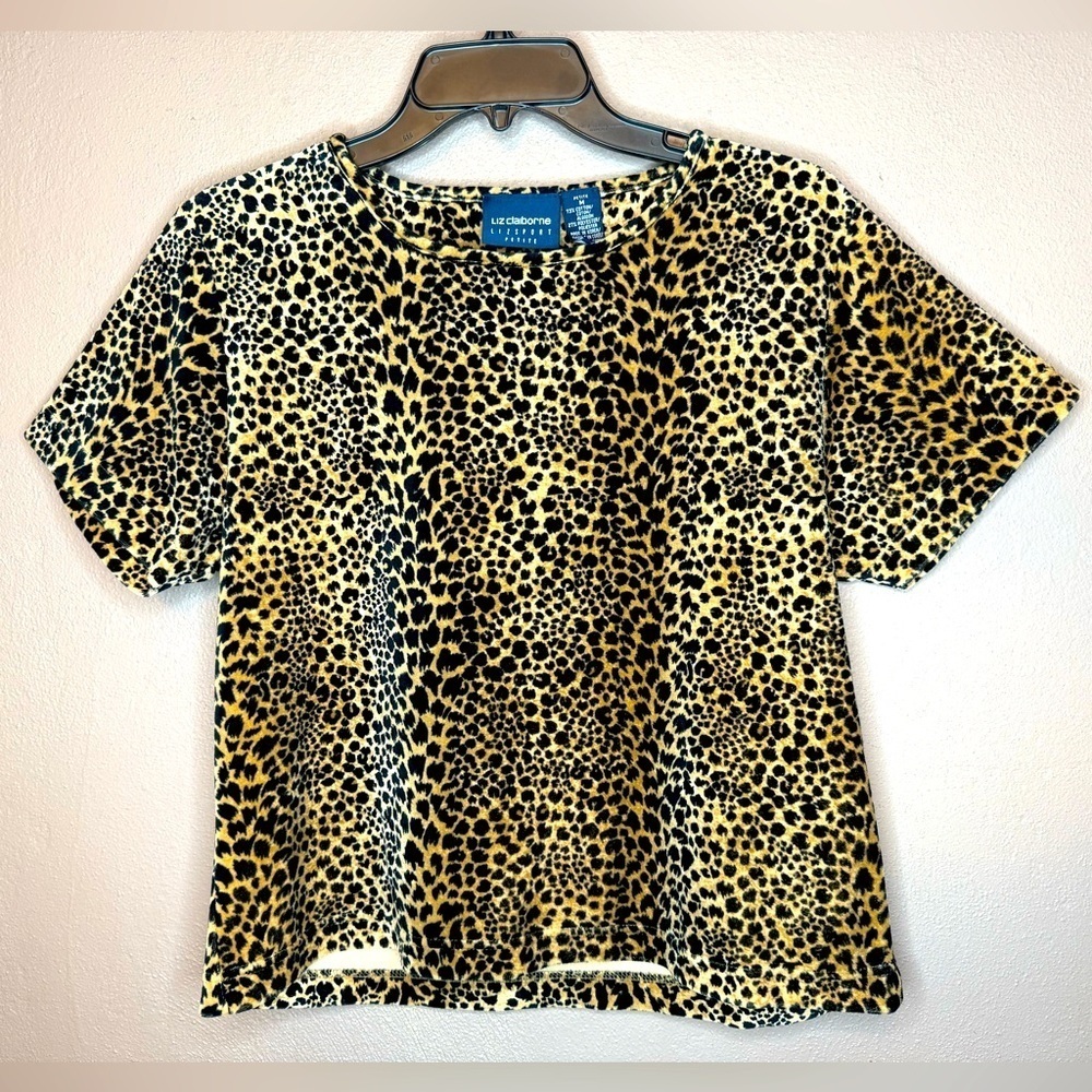 Vintage 90s Y2K Liz Claiborne Cheetah Print Velour Short Sleeve Baby Tee Size MP